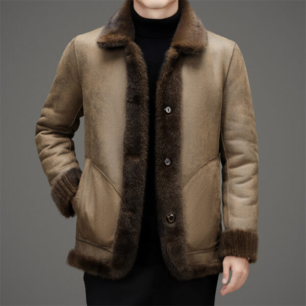 Men's Winter Middle-aged Lapel Golden Mink Leather Wool Coat - Image 8