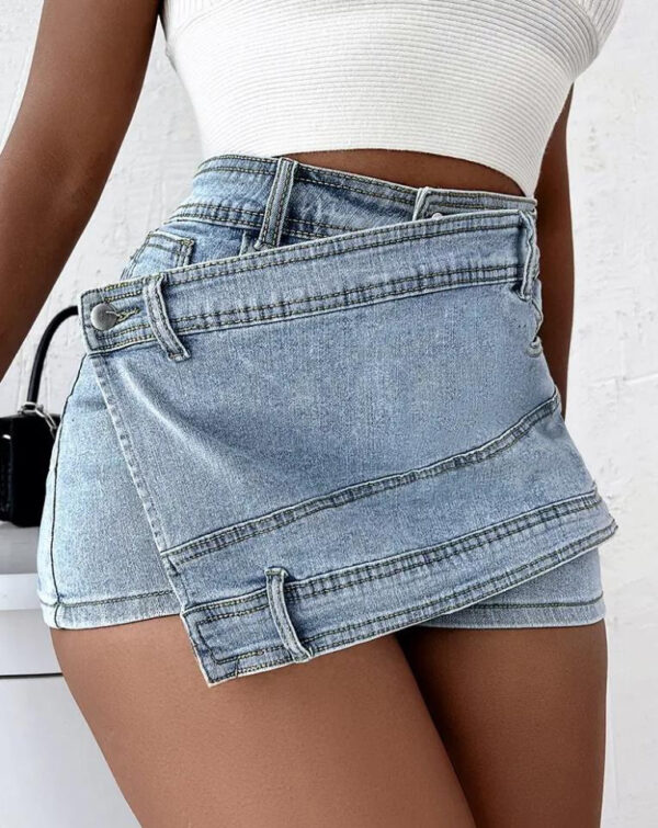 Street Vintage Denim Shorts Stretch Overlap Waist Wrap Solid Asymmetrical Hem A-Line Skinny Mini Skorts Skirt - Image 7