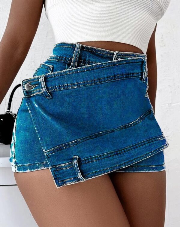 Street Vintage Denim Shorts Stretch Overlap Waist Wrap Solid Asymmetrical Hem A-Line Skinny Mini Skorts Skirt - Image 5