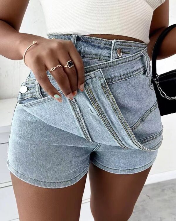 Street Vintage Denim Shorts Stretch Overlap Waist Wrap Solid Asymmetrical Hem A-Line Skinny Mini Skorts Skirt - Image 4