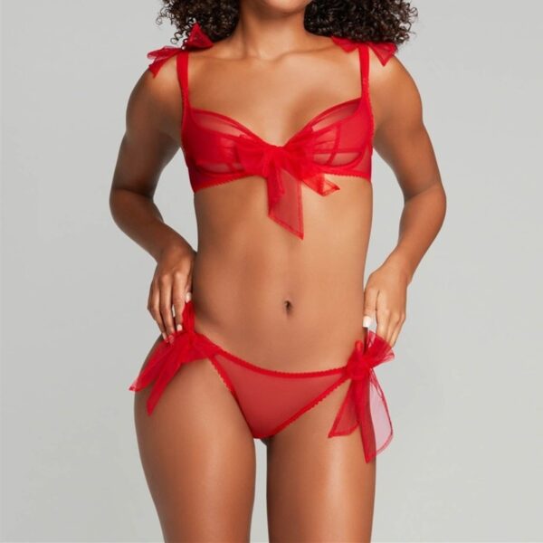 Red Mesh Bra Bow Bandage See-through Sexy Lingerie Set - Image 5