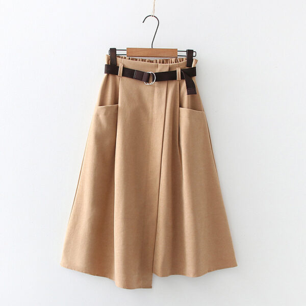 Solid Color Leisure Artistic Pocket High Waist Slimming Irregular Midi Skirt - Image 7