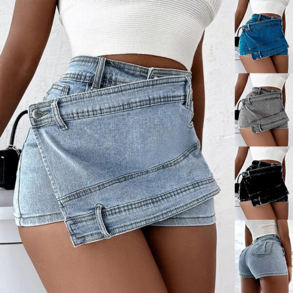 Street Vintage Denim Shorts Stretch Overlap Waist Wrap Solid Asymmetrical Hem A-Line Skinny Mini Skorts Skirt