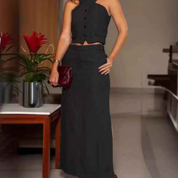 Women's Fashion Halter Sleeveless Vest Top High Waist Bottom Slit Two-piece Dress - Image 2