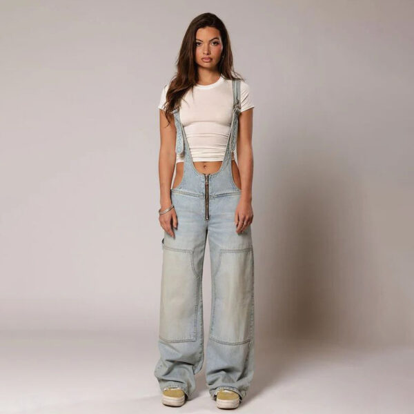 Y2K Zipper Denim Overalls With Pockets Fashion Loose Suspender Jumpsuit Streetwear Jeans Pants Womens Clothing - Image 8