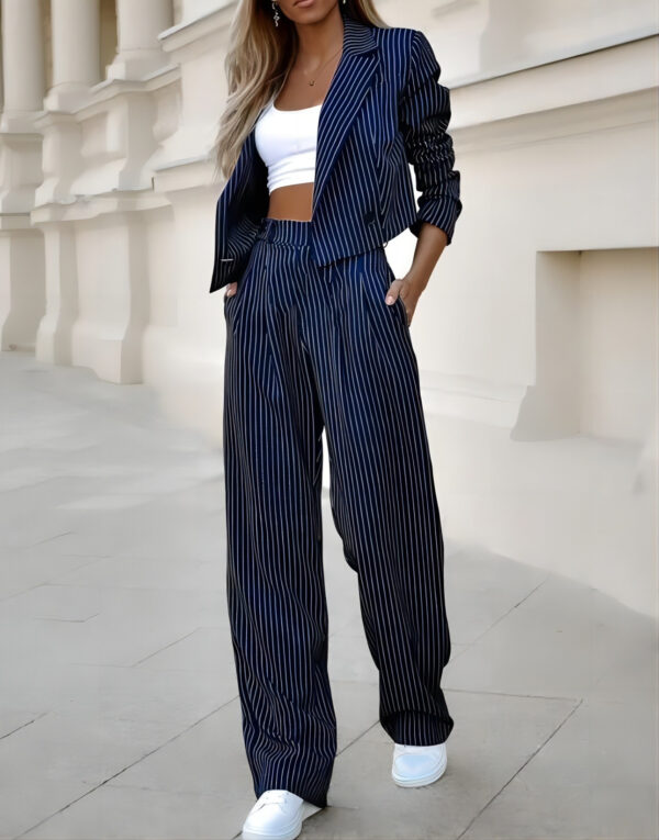 Fashion Striped Suits Casual Lapel Long Sleeve Cropped Top And Straight Pants Outfits Women's Clothing - Image 7