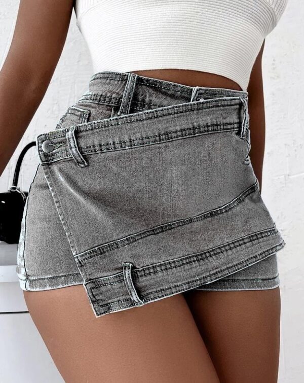 Street Vintage Denim Shorts Stretch Overlap Waist Wrap Solid Asymmetrical Hem A-Line Skinny Mini Skorts Skirt - Image 2