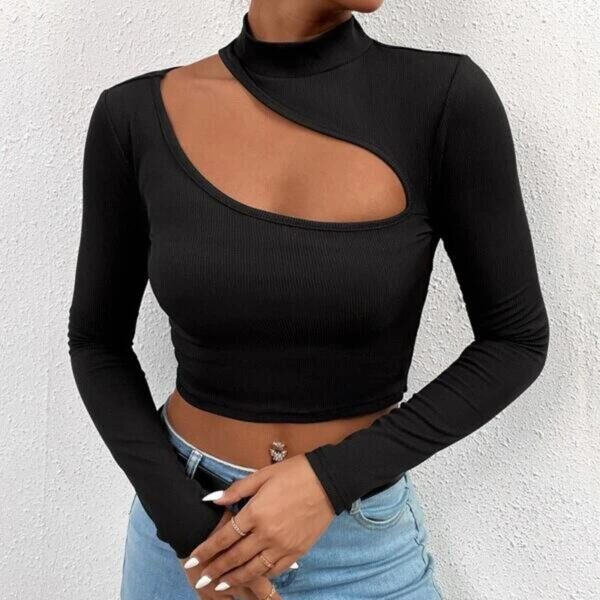 Trendy Unique Hollow Small Turtleneck Long Sleeve T-shirt - Image 4