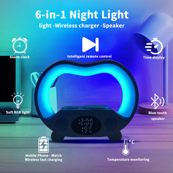 New 6 In 1 Smart Remote Control Bluetooth-compatible Ambience Intelligent LED Table Lamp Multi-function Wireless Charger Night Light Bluetooth-compatible Speaker