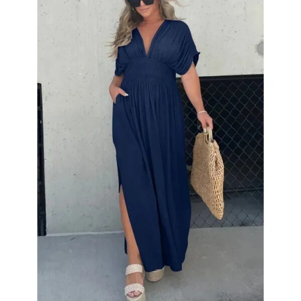 Fashion Bat-sleeved V-neck Slit Dress Summer Short Sleeve Elastic Waist Long Dresses Womens Clothing - Image 5