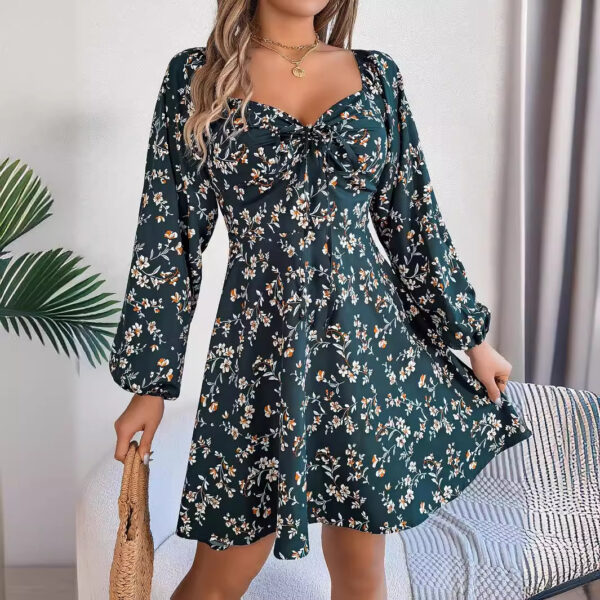 Fashion Floral Print Lantern Sleeve Dress Casual Sexy Tie Square Neck Long Sleeve A-Line Dress Women's Clothing - Image 6