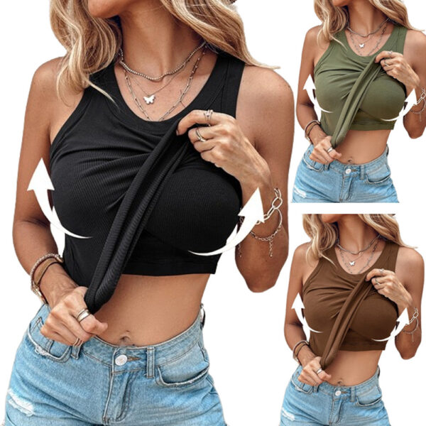 Round Neck Vest With Bra Summer Solid Color Bottom Sleeveless Top Womens Clothing - Image 3