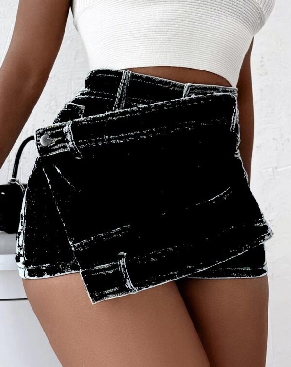 Street Vintage Denim Shorts Stretch Overlap Waist Wrap Solid Asymmetrical Hem A-Line Skinny Mini Skorts Skirt - Image 6