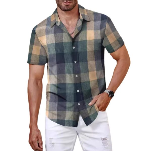 Plaid Shirt Men's Short Sleeve Fashion Korean Style Green - Image 3