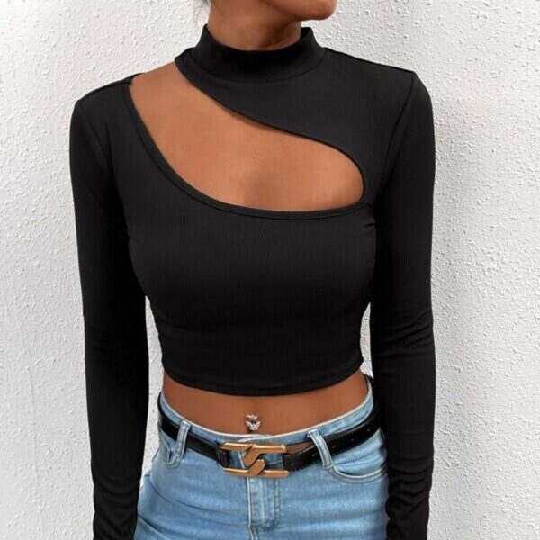 Trendy Unique Hollow Small Turtleneck Long Sleeve T-shirt - Image 7