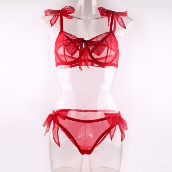 Red Mesh Bra Bow Bandage See-through Sexy Lingerie Set - Image 3